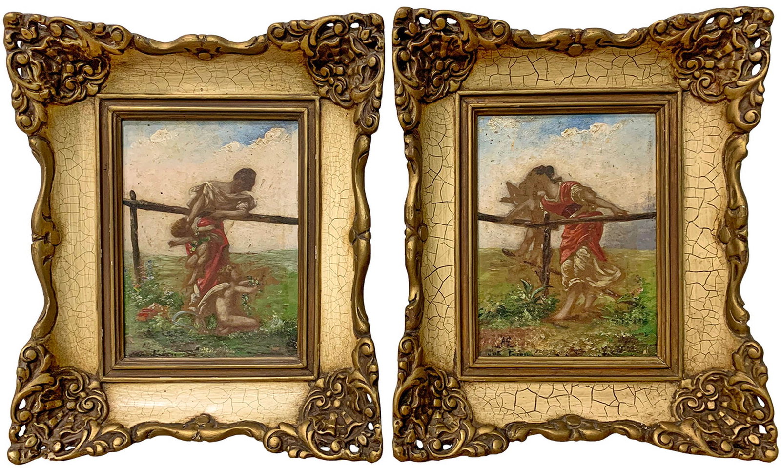 Antique Pair of European Paintings, signed: Antique Pair of European Paintings, signed. 11 1/4 x 9 1/2 in with frame. 6 3/4 x 4 3/4 in without frame.Local Pick up call one day before to make an appointment. TO SHIP THIS ITEM IN USA OR INTERNATI