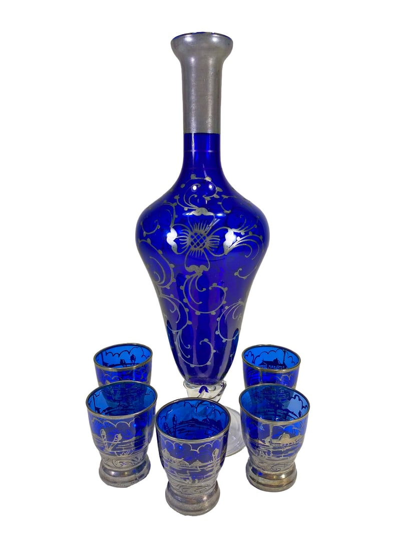 Silver Overlay Blue Glass Bottle & 5 Cups (1 of 7)