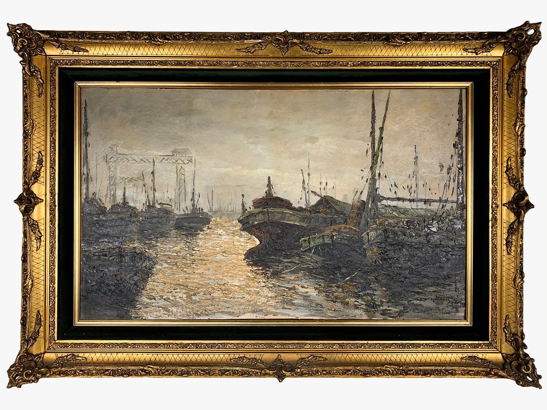 Antique European oil on canvas ships painting, signed (1 of 5)