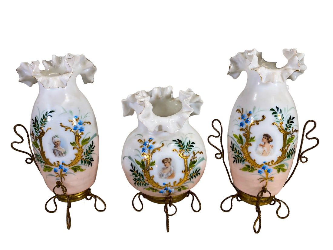 Victorian Hand Painted White Opaline Glass Set (1 of 8)