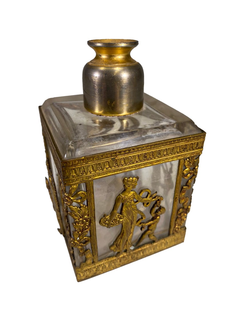 French Baccarat Style Bronze & Glass Perfurm Bottle: Antique French Bronze & Glass Perfurm Bottle. 4 3/8 x 2 3/4 x 2 3/4 in.Local Pick up call one day before to make an appointment. TO SHIP THIS ITEM IN USA OR INTERNATIONAL, PLEASE CONTACT THE SHIPPERS 