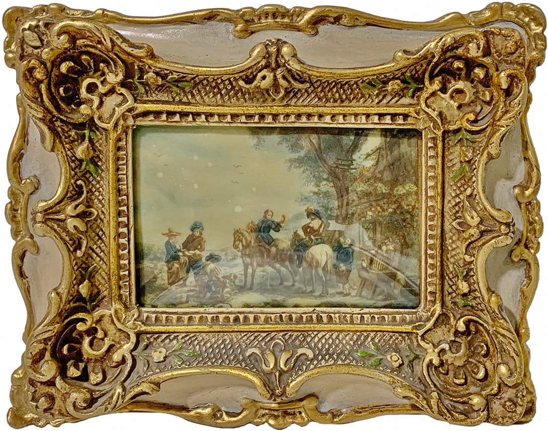 Antique European Miniature Painting on Bakelite: Antique European Miniature Painting on Bakelite. 6 3/4 x 8 1/2 in with frame. 3 x 4 3/4 in without frame. Local Pick up call one day before to make an appointment. TO SHIP THIS ITEM IN USA OR INTERNAT