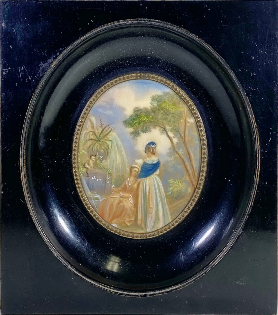 Antique French Miniature Painting over Bakelite: Antique French Miniature Painting over Bakelite. 6 5/8 x 6 in including frame.Local Pick up call one day before to make an appointment. TO SHIP THIS ITEM IN USA OR INTERNATIONAL, PLEASE CONTACT THE SH