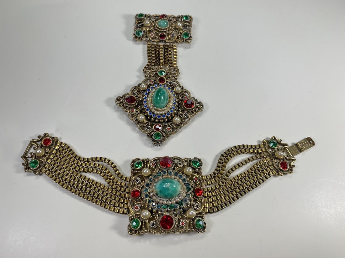 Vintage Czech Metal & Glass Bracelet & Brooche (1 of 8)