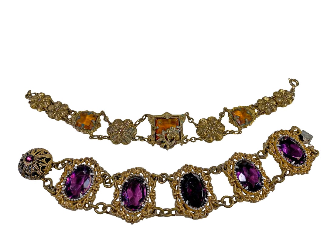 Vintage Czech Metal & Glass Bracelets: Vintage Czech Metal & Glass Bracelets. 7 3/4 x 7 1/2 in long.Local Pick up call one day before to make an appointment. TO SHIP THIS ITEM IN USA OR INTERNATIONAL, PLEASE CONTACT THE SHIPPERS : 1) UPS s