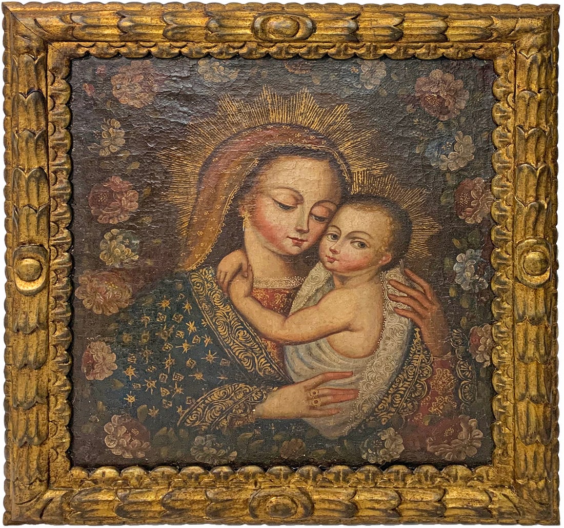 Antique Cuzco School Oil on canvas on Board Religious Painting (1 of 3)