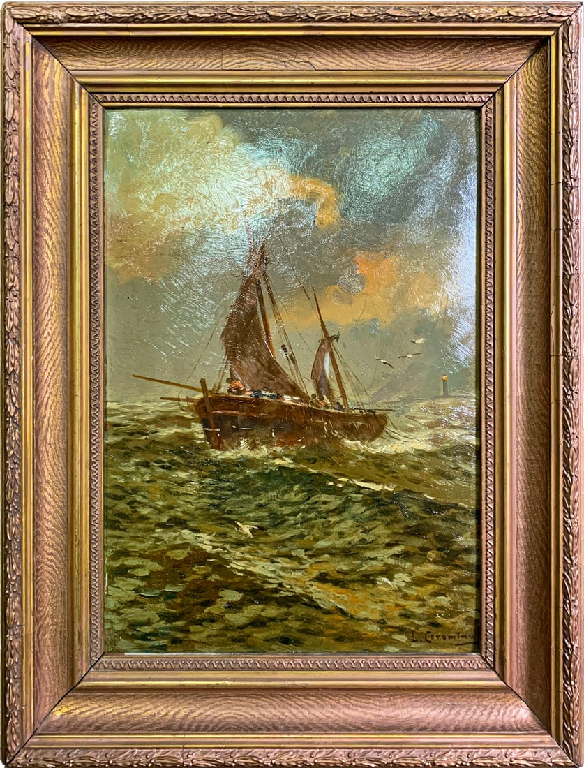 European Oil on Cardboard Ship Painting, signed (1 of 4)