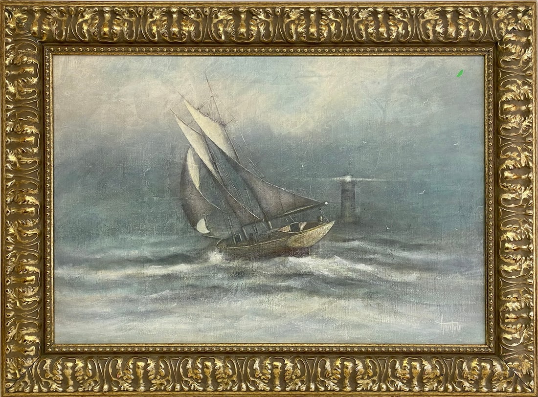 Vintage Oil on Canvas Ship & Lighthouse Painting (1 of 4)