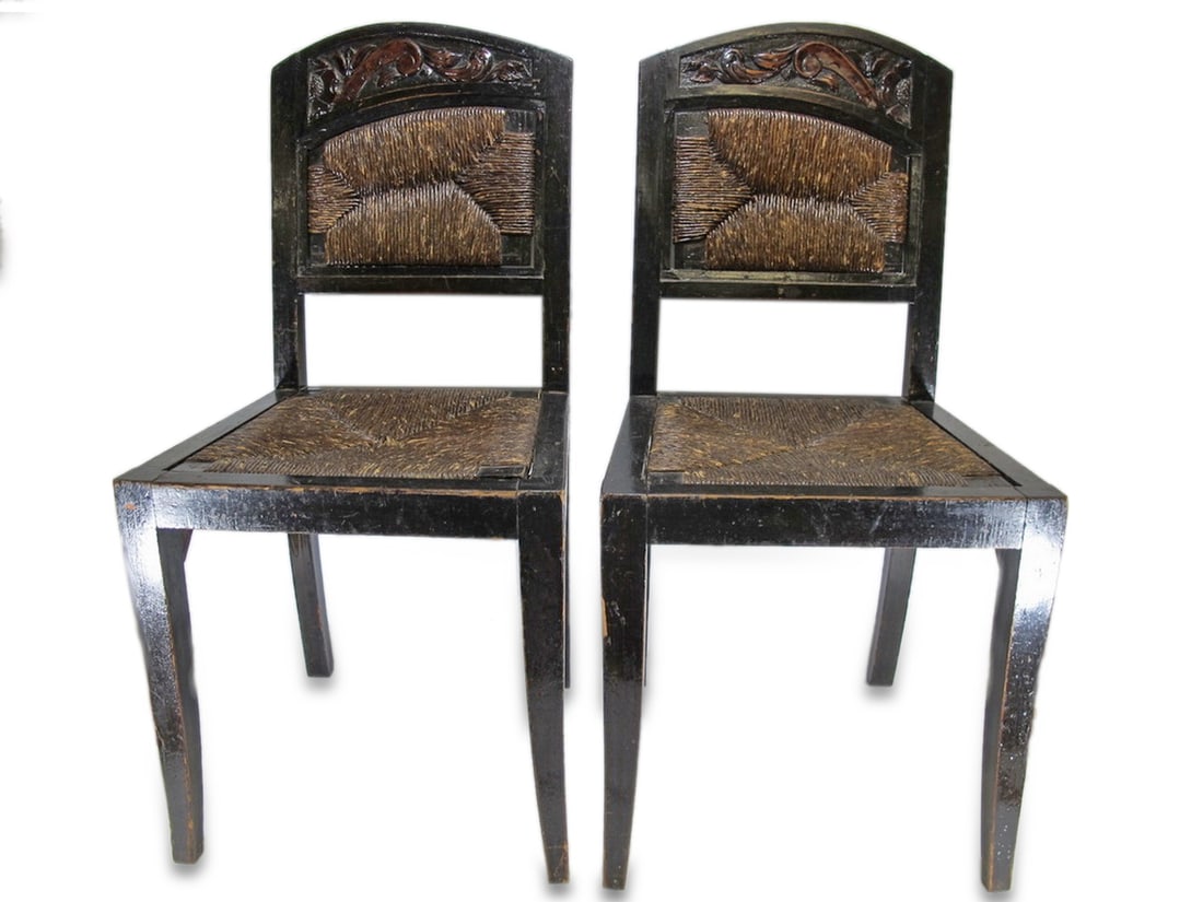 Antique Spanish Pair of Wood & Wicker Chairs (1 of 9)