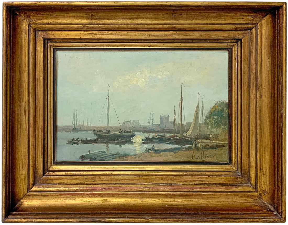 Signed A. C. FLEURY Oil on Wood Boats Painting: Signed A. C. FLEURY Oil on Wood Boats Painting. 14 x 20 in with frame. 8 1/2 x 13 1/4 in without frame.Local Pick up call one day before to make an appointment. TO SHIP THIS ITEM IN USA OR INTERNATION