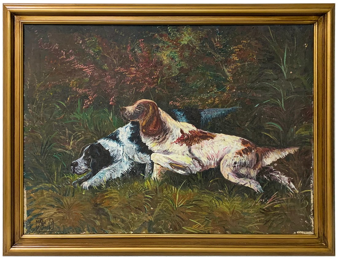 Oil on Canvas Hunter Dogs Painting, signed (1 of 5)