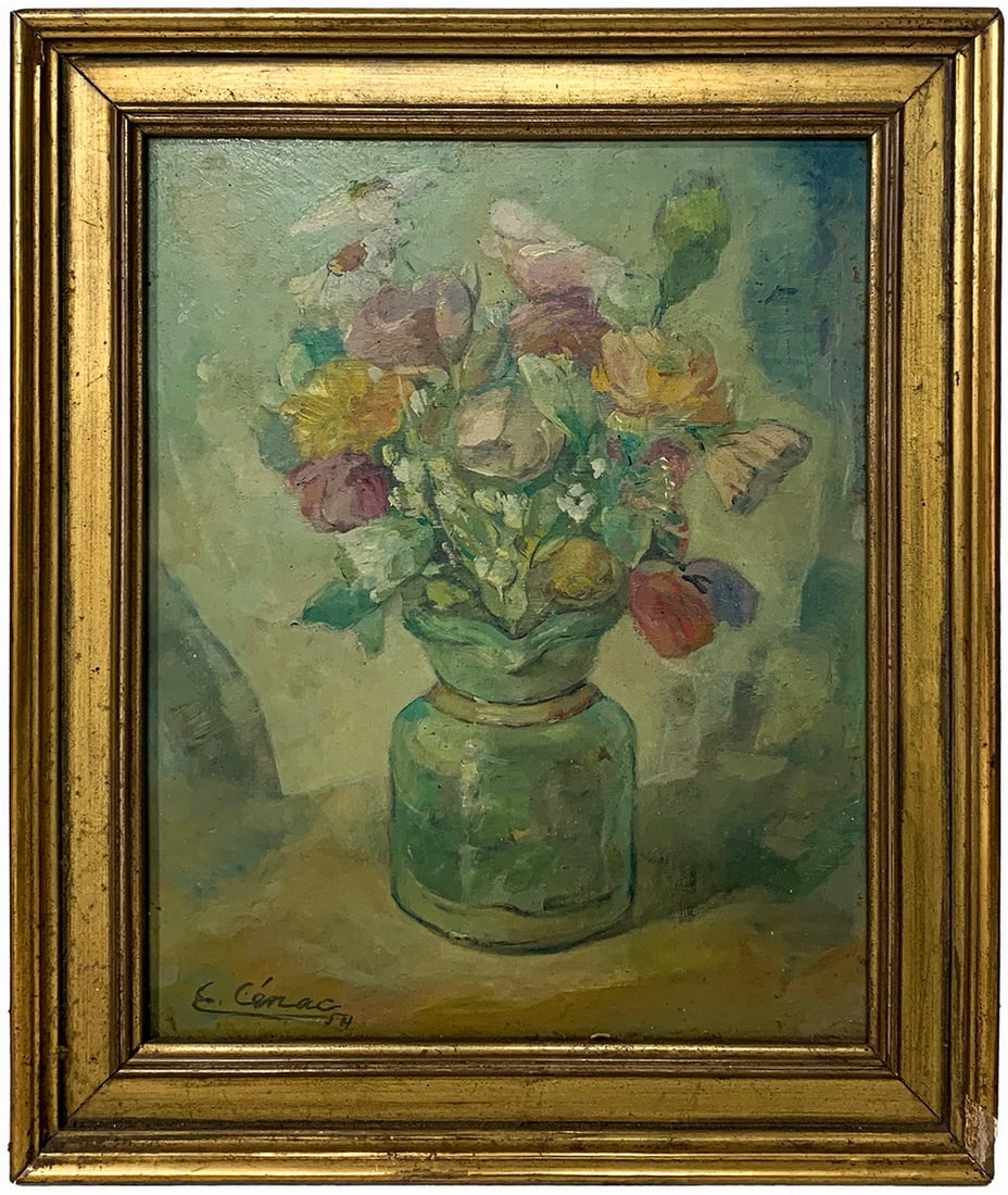 Antique Oil on Board Flowers painting, signed & dated 1954 (1 of 4)