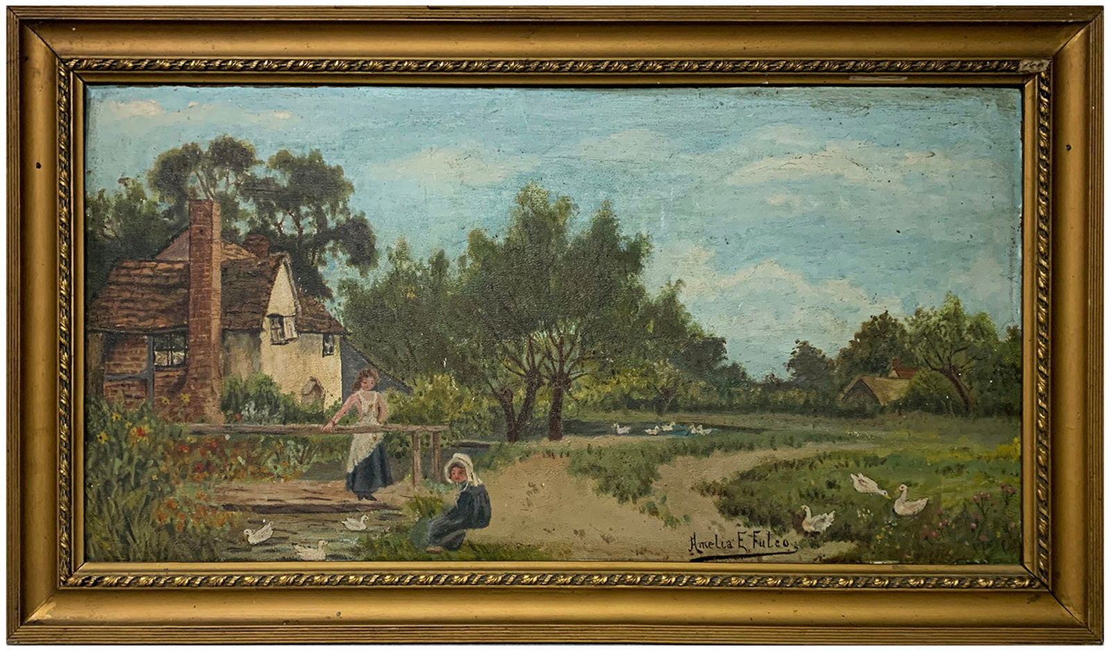 Vintage Oil on cardboard, signed Amelia E. FULCO (1 of 4)