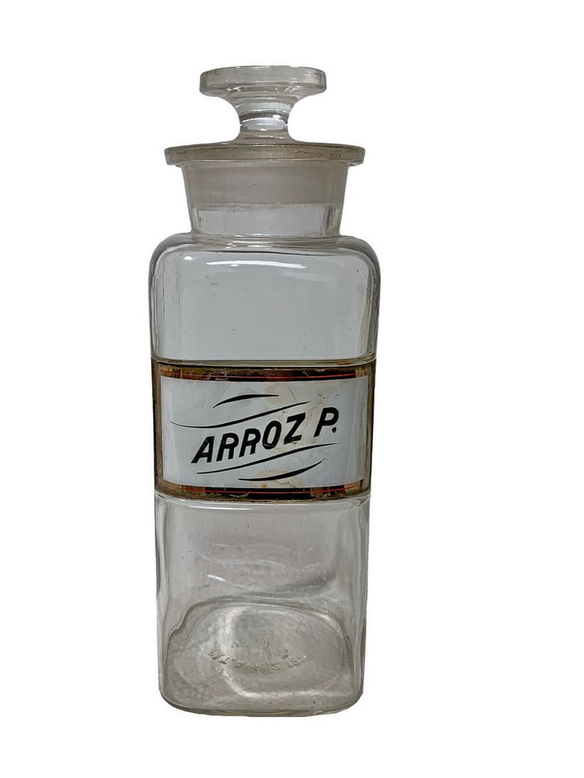 Arroz P Apothecary Glass Bottle: Arroz P Apothecary Glass Bottle. 9 1/2 x 3 1/2 x 3 1/2 inLocal Pick up call one day before to make an appointment. TO SHIP THIS ITEM IN USA OR INTERNATIONAL, PLEASE CONTACT THE SHIPPERS : 1) UPS store