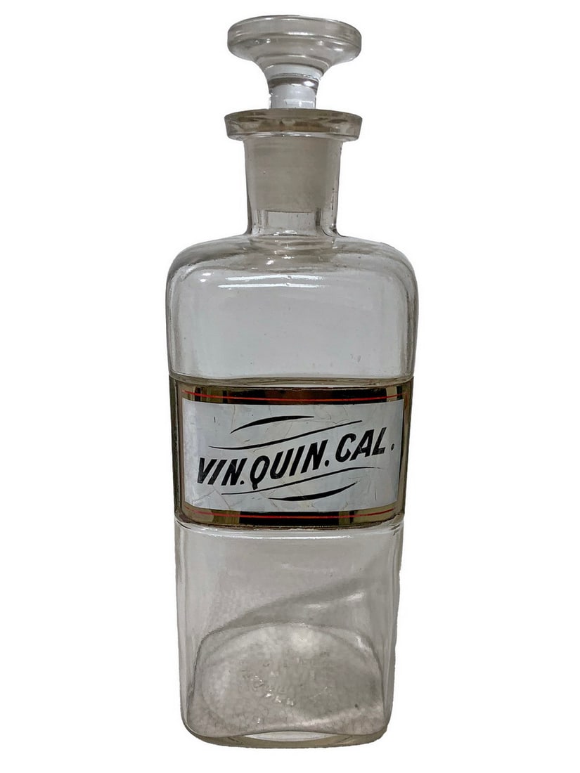 Vin.Quin.Cal Apothecary Glass Bottle: Vin.Quin.Cal Apothecary Glass Bottle. 9 1/2 x 3 1/2 x 3 1/2 inLocal Pick up call one day before to make an appointment. TO SHIP THIS ITEM IN USA OR INTERNATIONAL, PLEASE CONTACT THE SHIPPERS : 1) UPS 