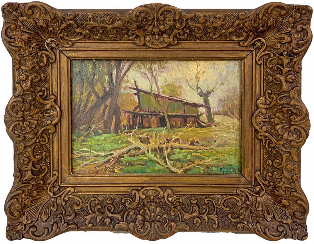 Antique European Oil on Wood Landscape, signed (1 of 4)