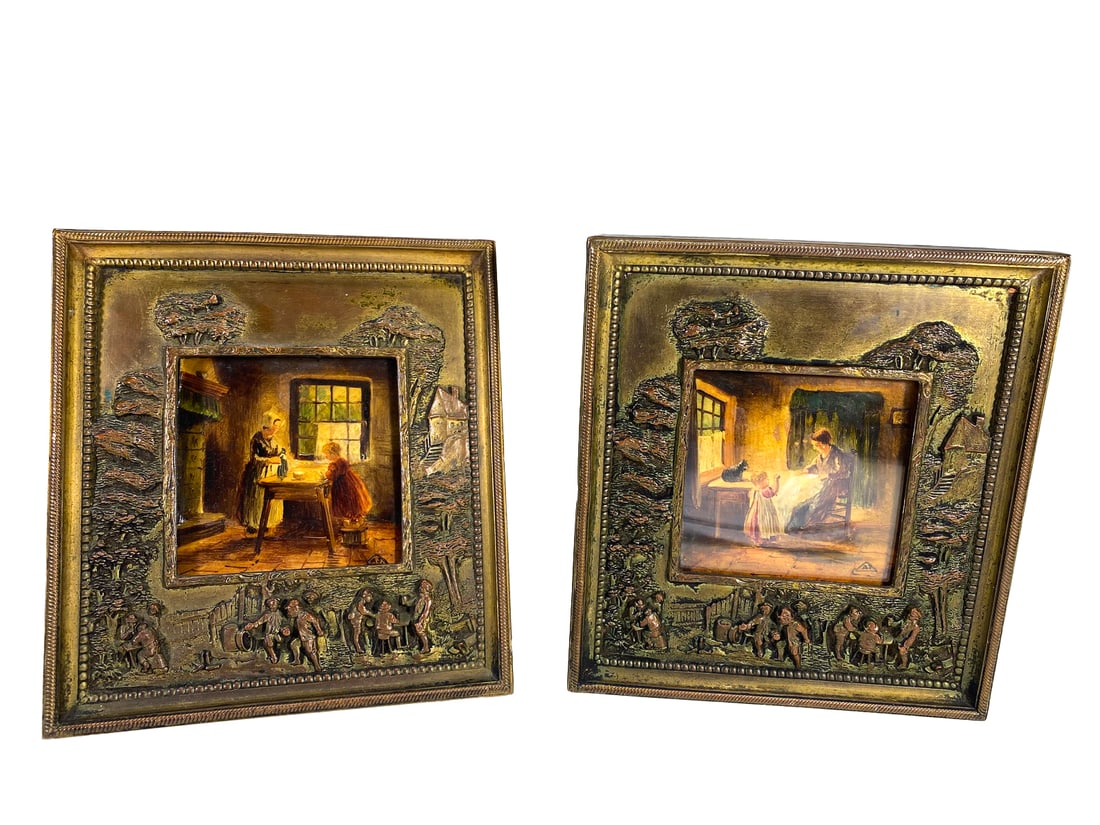 Antique French Pair of Bronze Frame Miniature Paintings (1 of 8)