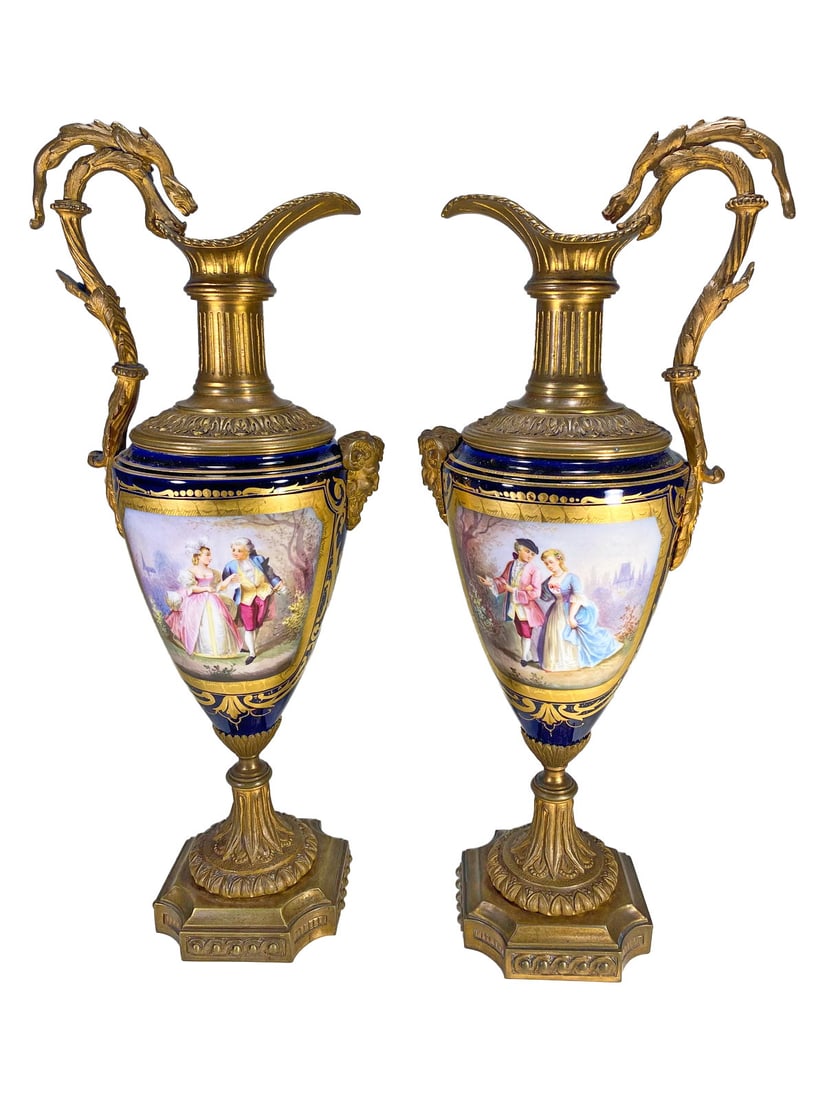 Antique French Sevres Pair of Bronze & Porcelain Pitchers (1 of 11)