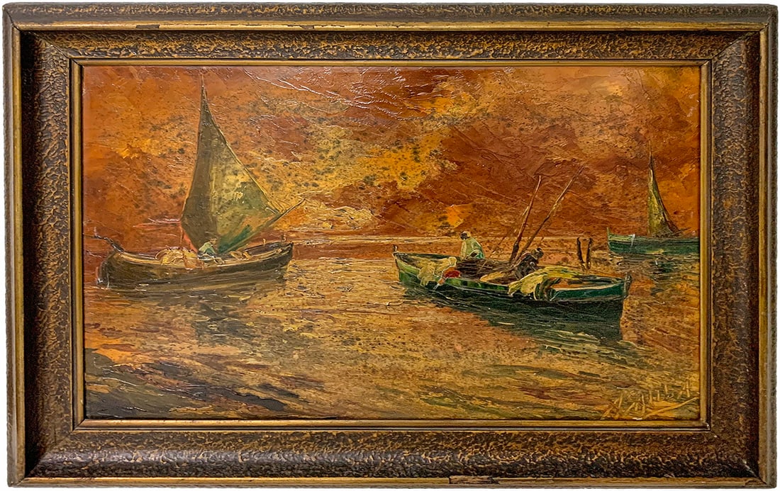 European Oil on Masonite Boats Painting, signed: European Oil on Masonite Boats Painting, signed. 20 1/2 x 27 in framed. 15 1/2 x 22 in unframed.Local Pick up call one day before to make an appointment. TO SHIP THIS ITEM IN USA OR INTERNATIONAL, PLE