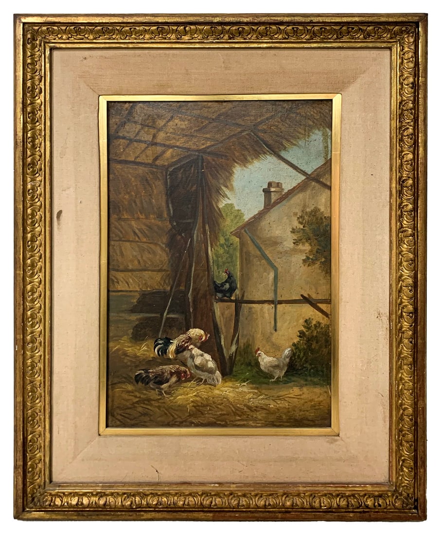 Antique European Oil on Wood Chickens Painting (1 of 4)