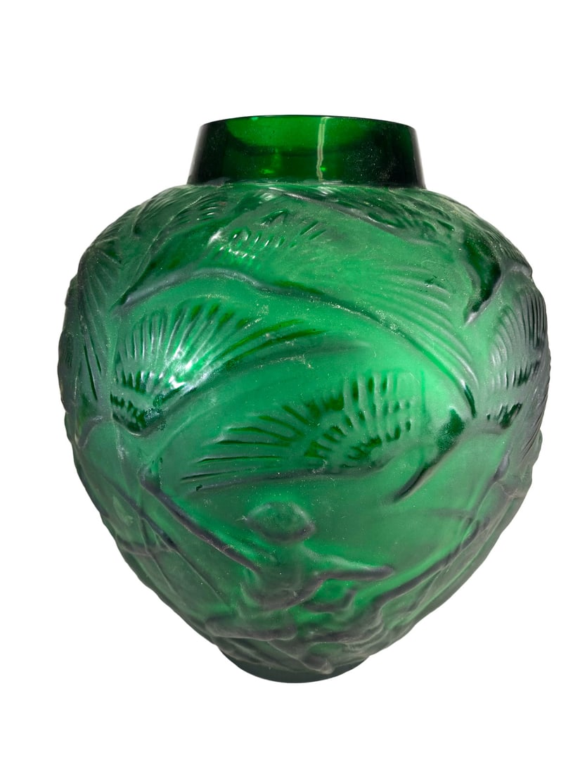 Signed R. Lalique Archers Green Glass Vase: Signed R. Lalique Archers Green Glass Vase, probably made by Rigolleau in Argentina years ago. 10 3/8 x 8 1/4 in.Local Pick up call one day before to make an appointment. TO SHIP THIS ITEM IN USA OR I