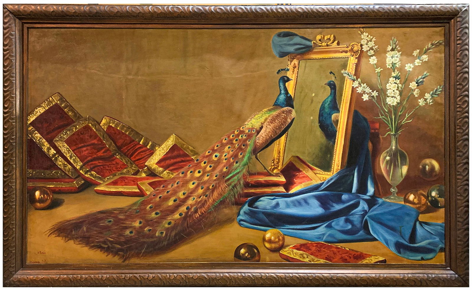 Antique Italian Oil on Canvas Peacock Painting, signed (1 of 4)