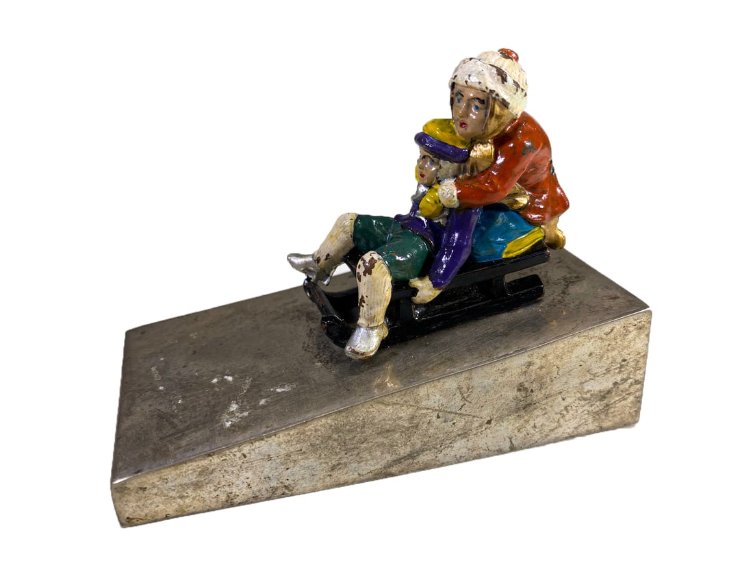 Vintage Painted Metal Kids on Sled Statue (1 of 5)