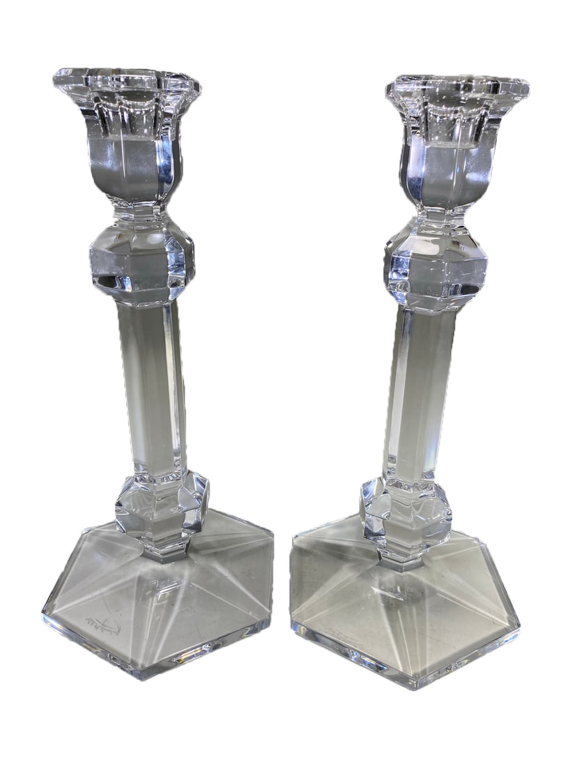 Val St Lambert Pair of Crystal Gardenia Hexagon Candlesticks (1 of 5)