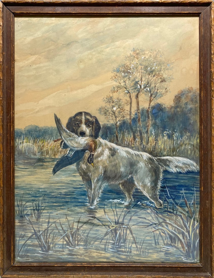 Antique Watercolor Dog Hunting Painting (1 of 3)