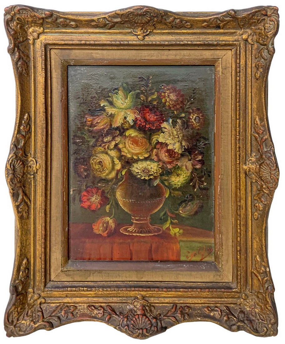 Antique Oil on Cardboard Flowers Painting, signed (1 of 4)