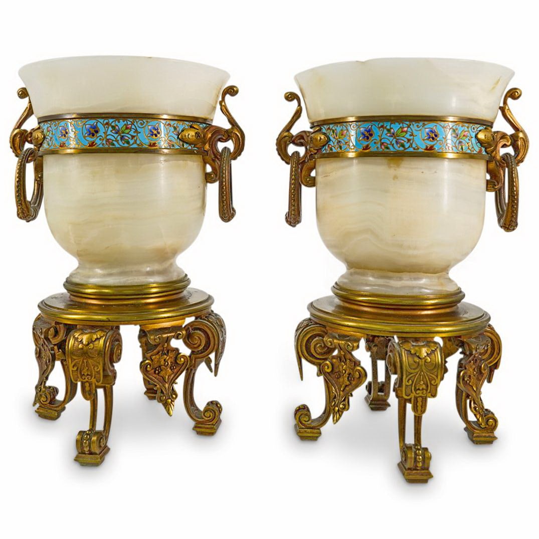 Antique Pair of French Bronze Champleve & Onyx Urns (1 of 5)