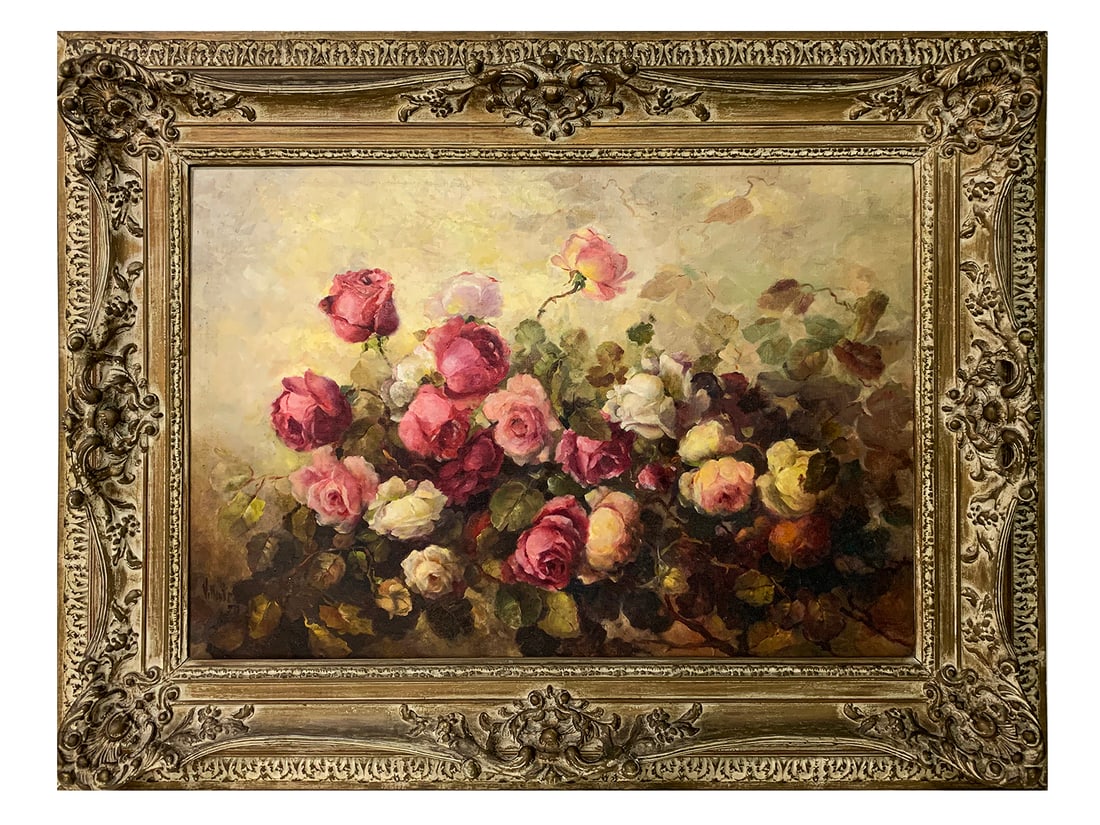 Antique Oil on Canvas Fowers Painting, signed & dated 1950 (1 of 4)