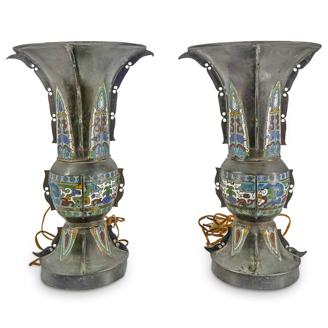 Pair of Chinese Champleve Cloisonne Lamps (1 of 8)