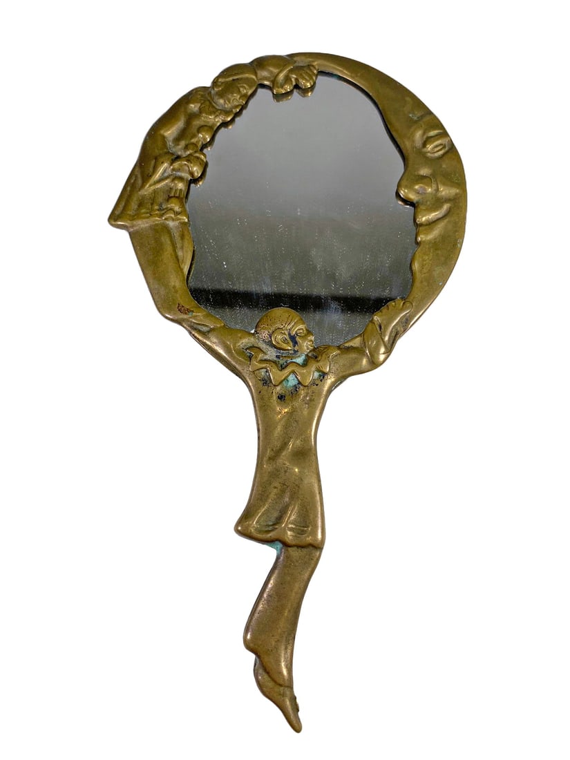 Art Nouveau Clown & Moon Bronze Mirror: Art Nouveau Clown & Moon Bronze Mirror. 8 5/8 x 4 3/4 in.Local Pick up call one day before to make an appointment. TO SHIP THIS ITEM IN USA OR INTERNATIONAL, PLEASE CONTACT THE SHIPPERS : 1) UPS store