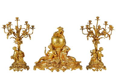 Monumental French Raingo Freres , Paris Gilt Bronze 3 Pc. Garniture Set