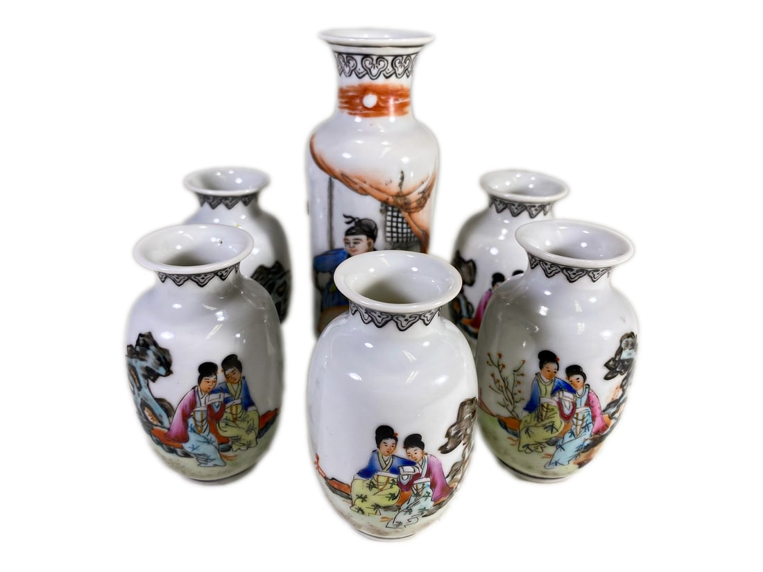 Antique Chinese Set of 6 Small Porcelain Vases (1 of 7)