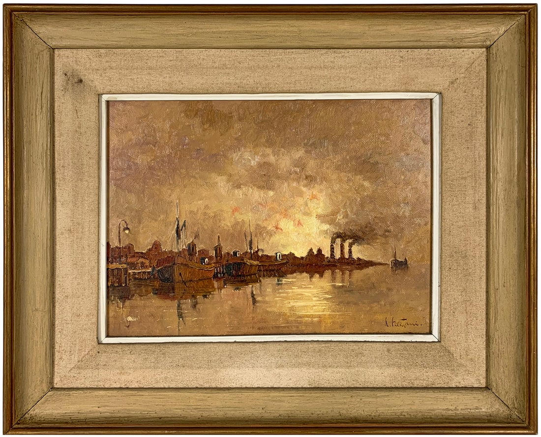 Signed A. BERTANI Oil on Masonite Port View Painting: Signed A. BERTANI Oil on Masonite Port View Painting. 19 3/4 x 23 3/4 in with frame. 11 1/2 x 15 1/4 in without frame. Local Pick up call one day before to make an appointment. TO SHIP THIS ITEM IN US