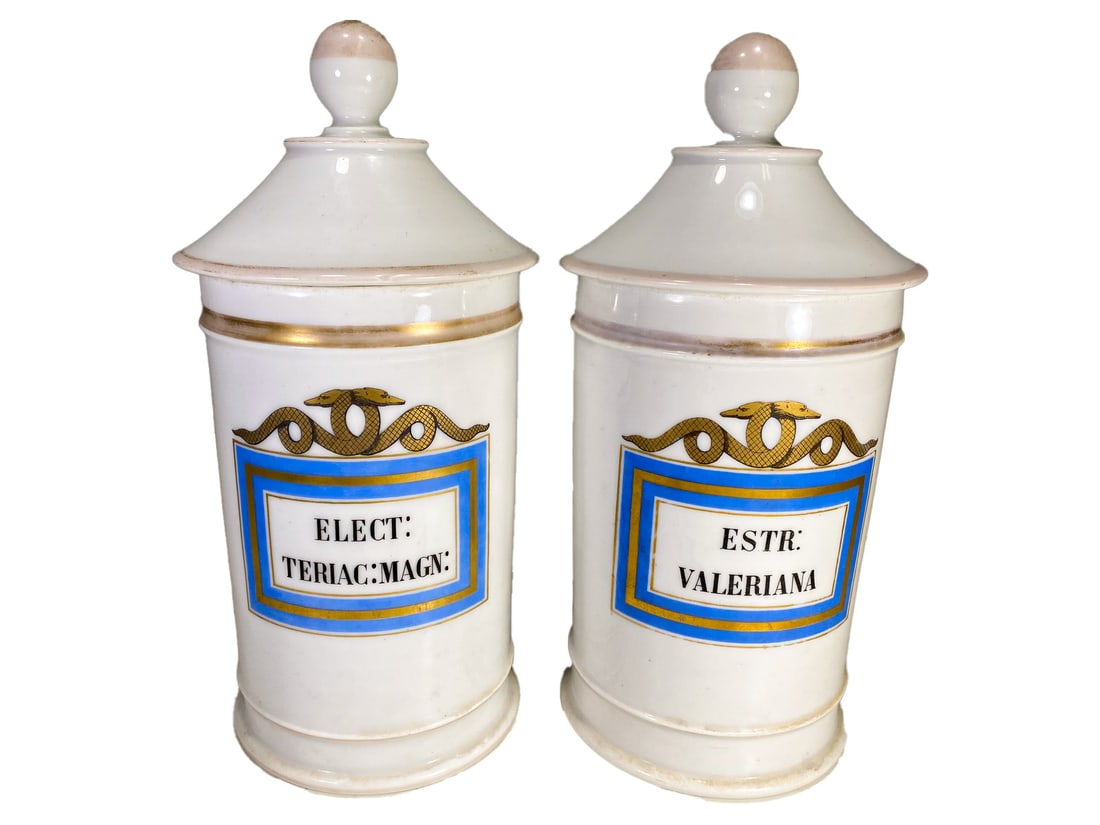Antique Pair of French Aphotecary Porcelain Jars: Antique Pair of French Aphotecary Porcelain Jars. 11 1/4 x 5 1/4 in.Local Pick up call one day before to make an appointment. TO SHIP THIS ITEM IN USA OR INTERNATIONAL, PLEASE CONTACT THE SHIPPERS : 1