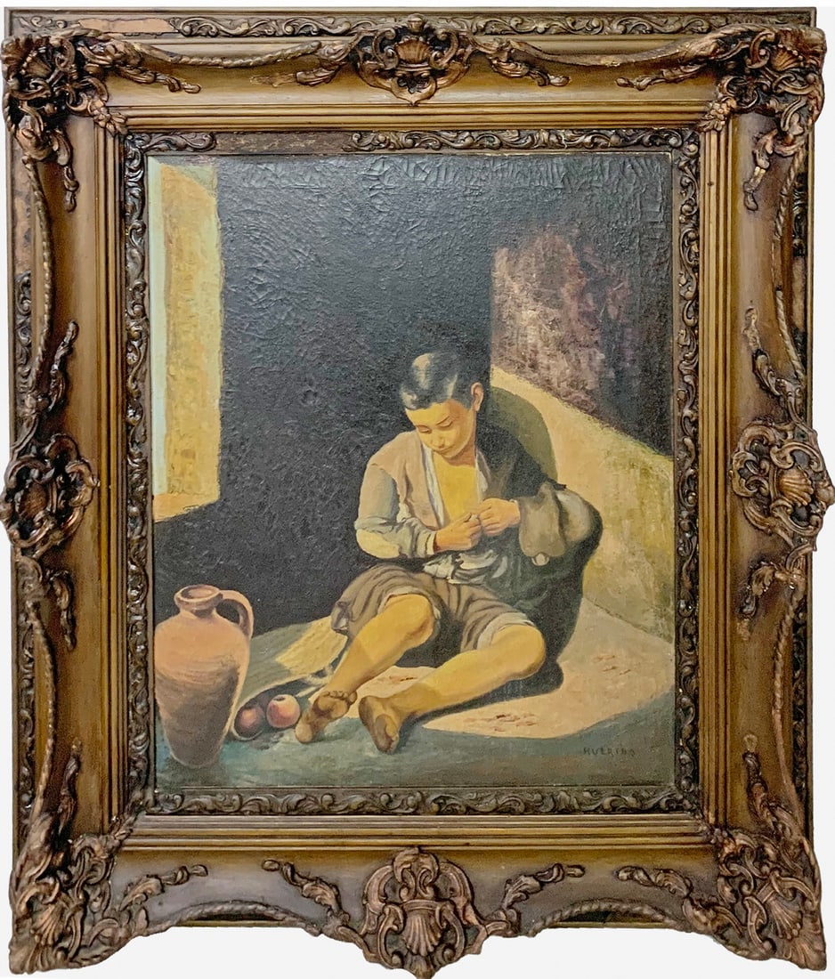 Antique Spanish Oil on Canvas Painting, signed: Antique Spanish Oil on Canvas Painting, signed. 33 3/4 x 30 in framed. 23 x 19 1/4 in unframed.Local Pick up call one day before to make an appointment. TO SHIP THIS ITEM IN USA OR INTERNATIONAL, PLEA