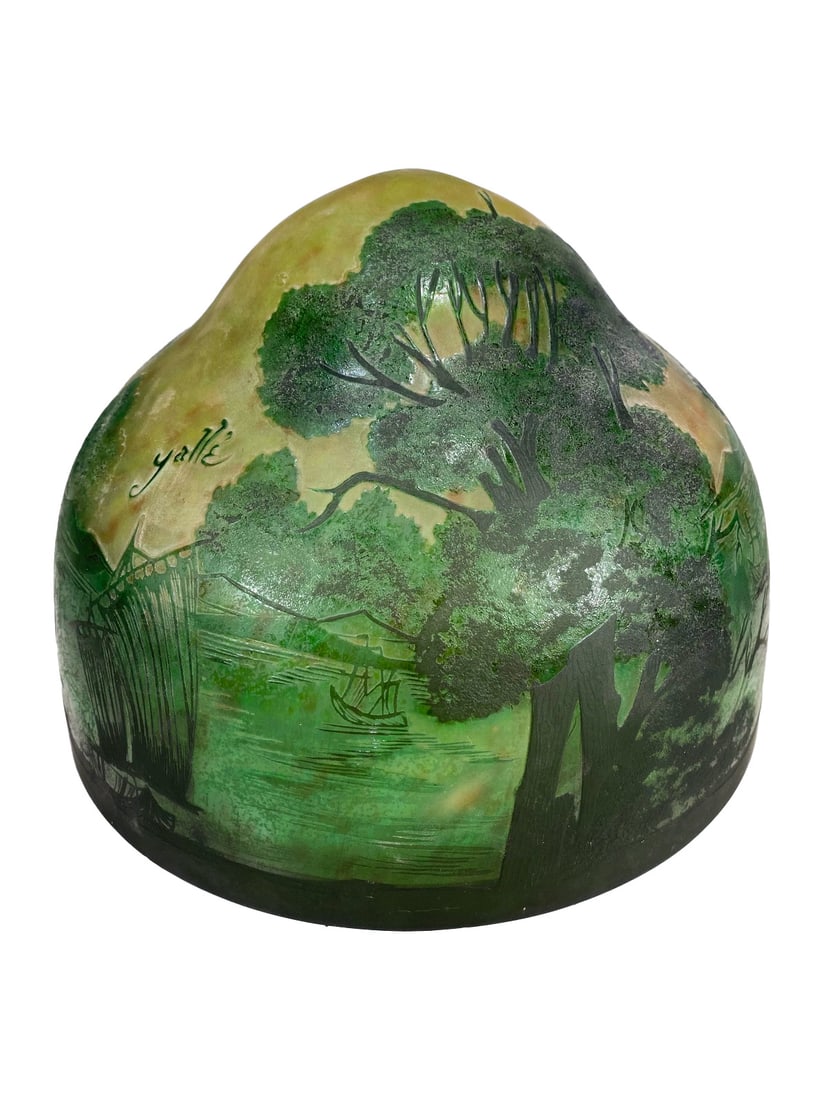 Signed Galle Cameo Glass Green Lamp Shade (1 of 9)