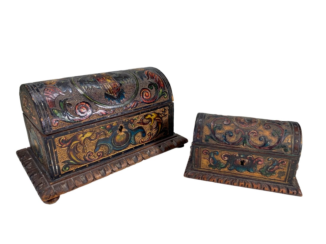 2 Antique Carved & Painted Wood Boxes (1 of 9)