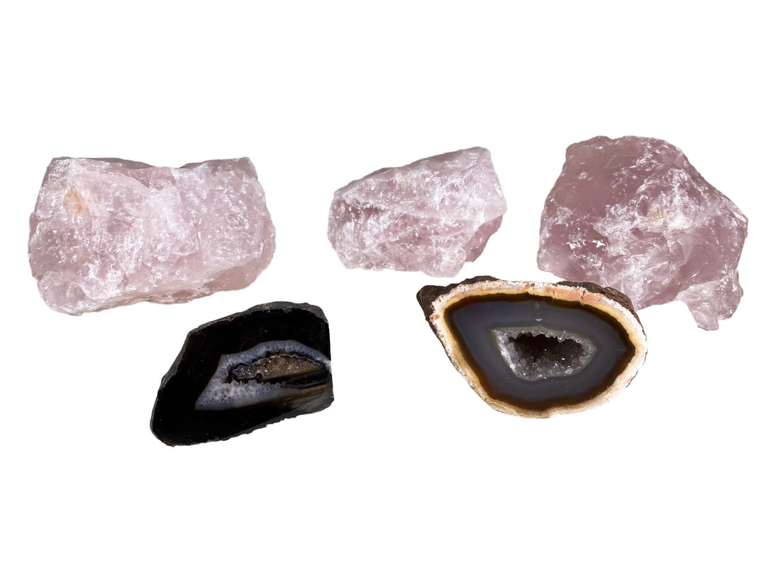 Set of 5 Natural Agate & Pink Quartz Stones: Set of 5 Natural Agate & Pink Quartz Stones. Bigger: 3 x 4 x 3 in. Smaller: 1 3/4 x 2 1/8 x 2 1/2 in.Local Pick up call one day before to make an appointment. TO SHIP THIS ITEM IN USA OR INTERNATIONAL