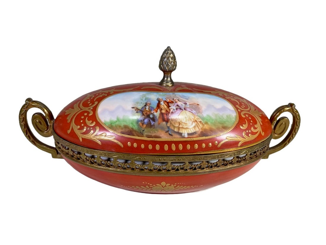 Antique French Sevres Porcelain & Bronze Lidded Bowl: Antique French Sevres Porcelain & Bronze Lidded Bowl. 4 3/4 x 10 1/8 x 4 3/4 in.Local Pick up call one day before to make an appointment. TO SHIP THIS ITEM IN USA OR INTERNATIONAL, PLEASE CONTACT THE 