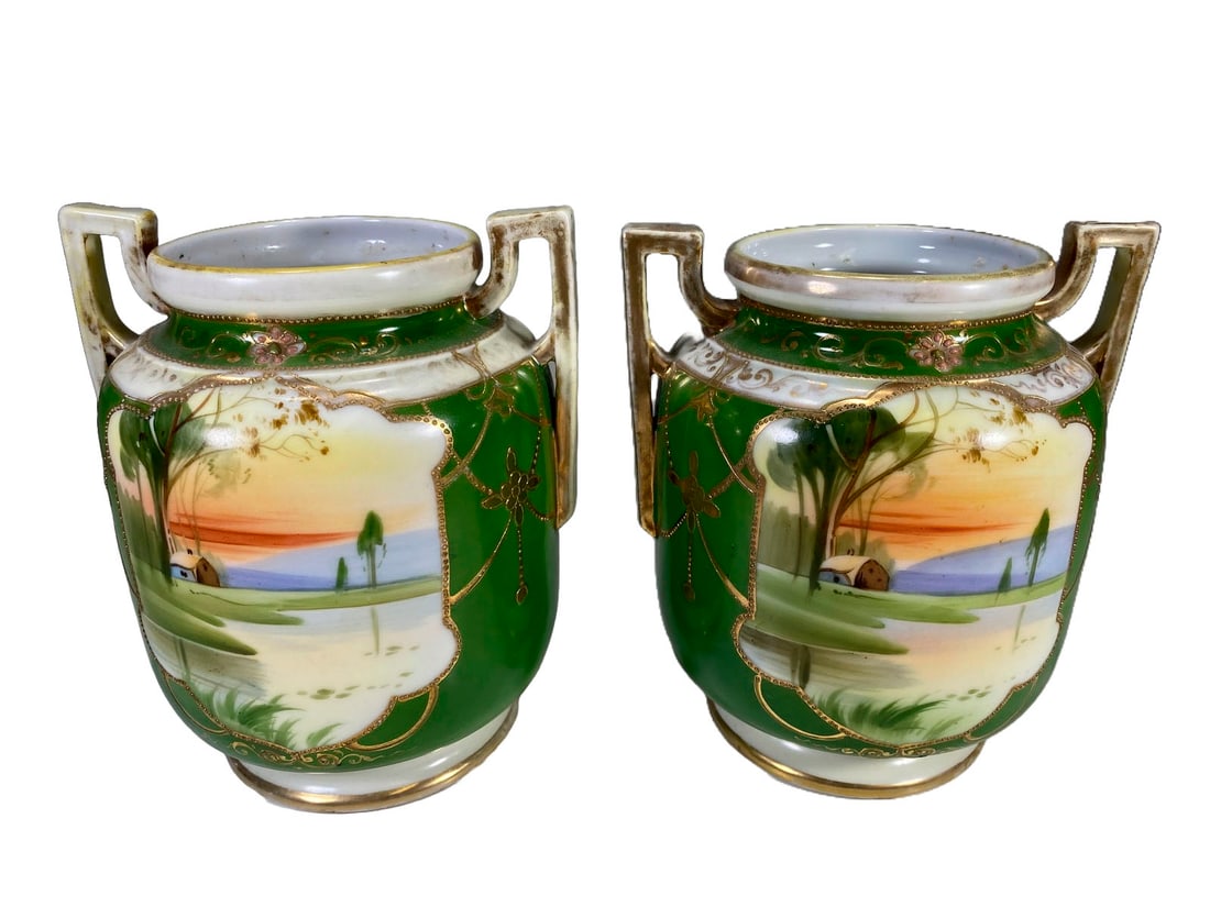 Japanese Nippon Pair of Porcelain Vases, unmarked: Japanese Nippon Pair of Porcelain Vases, unmarked. 6 3/8 x 5 1/4 x 4 3/8 in.Local Pick up call one day before to make an appointment. TO SHIP THIS ITEM IN USA OR INTERNATIONAL, PLEASE CONTACT THE SHIP