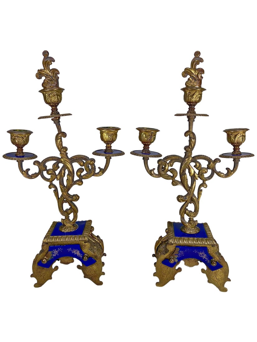Pair of French Bronze Enameled Candlesticks: Pair of French Bronze Enameled Candlesticks. 13 3/8 x 6 5/8 x 2 5/8 in.Local Pick up call one day before to make an appointment. TO SHIP THIS ITEM IN USA OR INTERNATIONAL, PLEASE CONTACT THE SHIPPERS