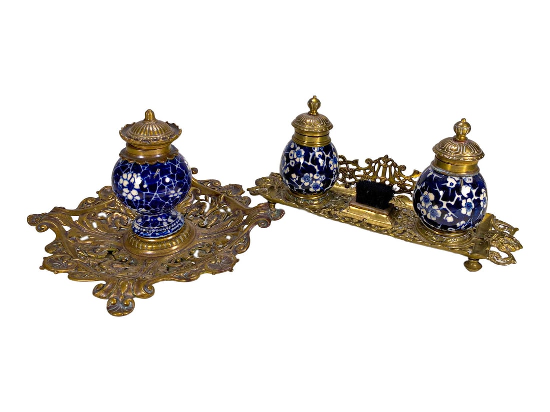 Antique Bronze & Porcelain Inkwell Set (1 of 10)