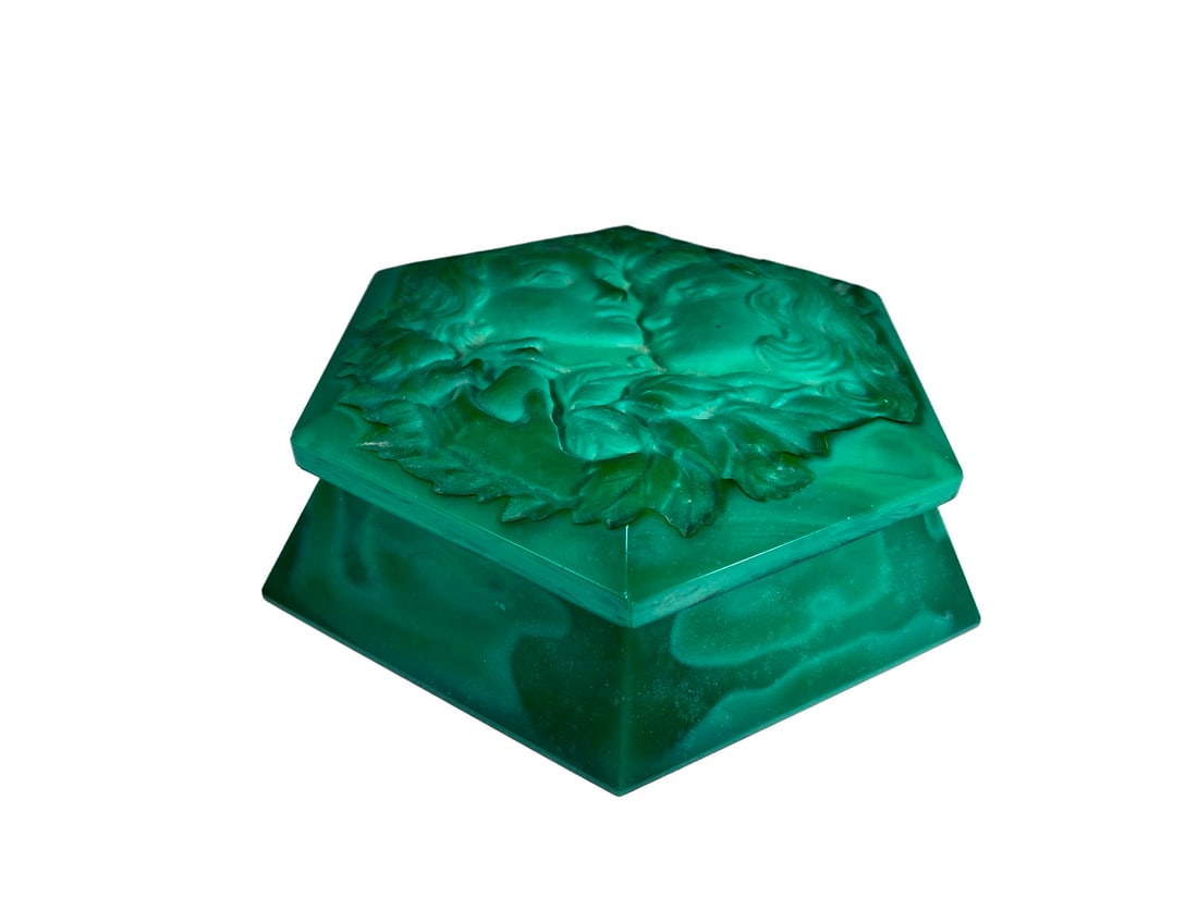 Vintage Malachite Glass Faces Box: Vintage Malachite Glass Faces Box. 2 3/8 x 5 1/2 in.Local Pick up call one day before to make an appointment. TO SHIP THIS ITEM IN USA OR INTERNATIONAL, PLEASE CONTACT THE SHIPPERS : 1) UPS store1937-