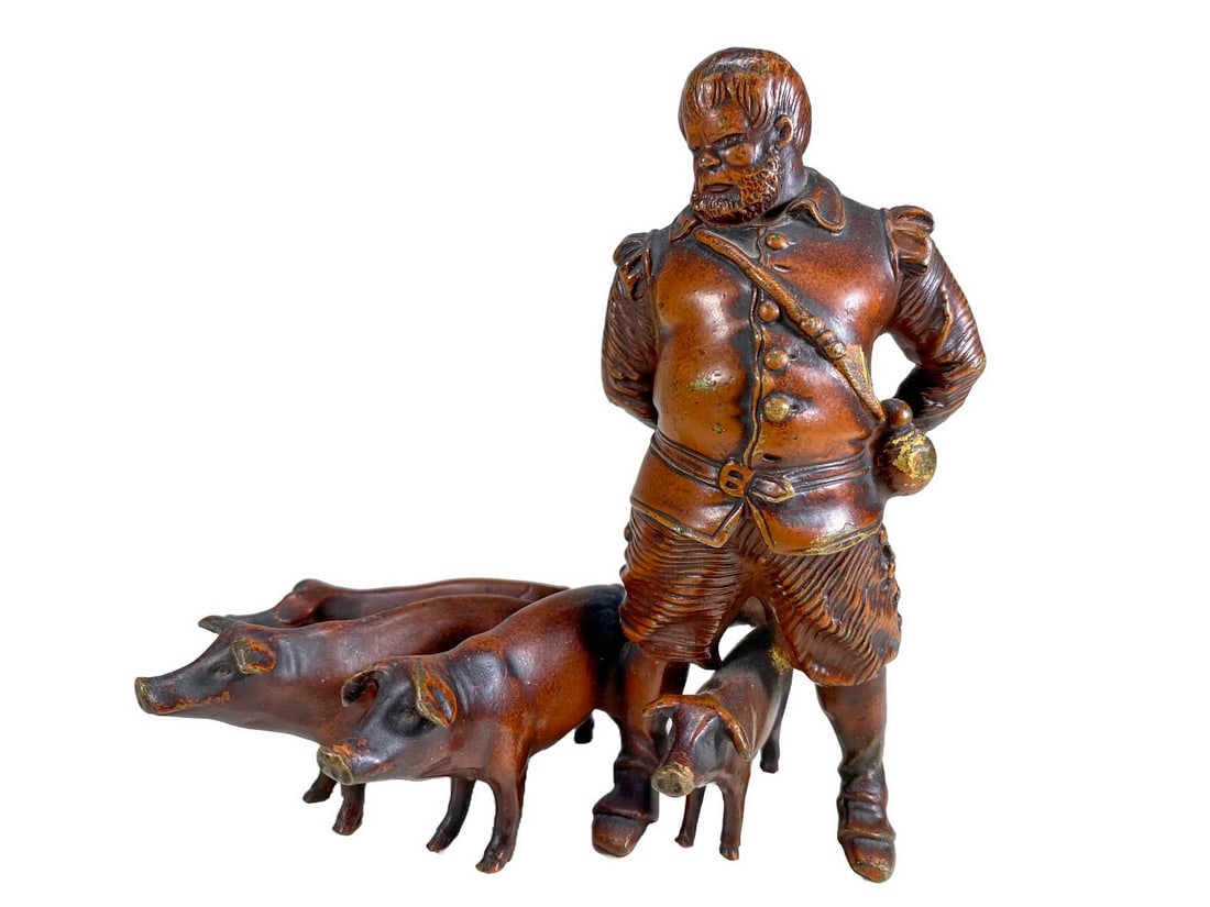 Antique Man & Pigs Bronze Sculpture, Marked (1 of 6)