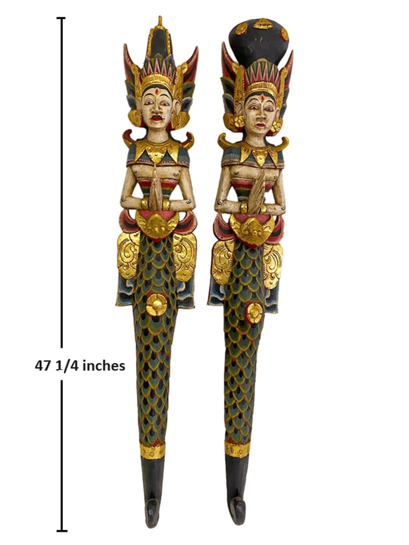 2 Indonesian Carved Wood Wall Plaques: 2 Indonesian Carved Wood Wall Plaques. 47 x 7 x 3 1/4 in and 47 1/4 x 7 1/2 x 3 3/8 in.Local Pick up call one day before to make an appointment. TO SHIP THIS ITEM IN USA OR INTERNATIONAL, PLEASE CONTA