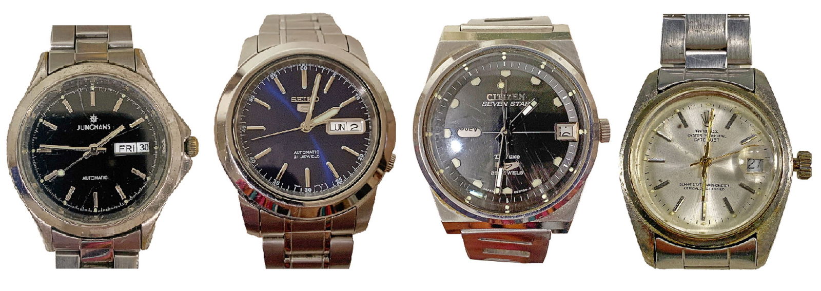 Lot of 4 Men Watchs, Seiko, Junghans, etc: Lot of 4 Men Watchs, Seiko, Junghans, etc. We are not sure if are originals. Seiko: 1 1/2 in diameter. Citizen: 1 3/8 in diameter.Local Pick up call one day before to make an appointment. TO SHIP THIS
